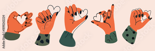 Collection of hands holding heart shapes for love friendship and community support concepts