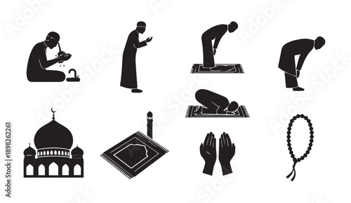 Islamic Prayer Icons: Mosque, Wudu, Prayer Mat, Rosary, Devotee Worship