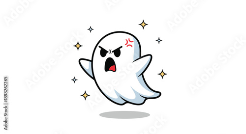 Cute cartoon ghost character looking very angry with a mad facial expression and sparkles floating around it on a white background.