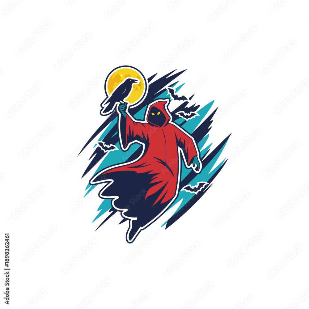 Obraz premium Mysterious cloaked figure with a raven under a full moon.