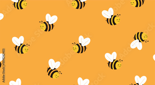 Cute seamless pattern of happy smiling bumble bees flying on a bright orange background for kids fabric or wallpaper design.