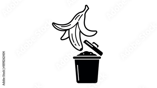 Simple graphic depicting a banana peel being disposed of into an open waste bin, ideal for environmental awareness campaigns and responsible waste management signage.