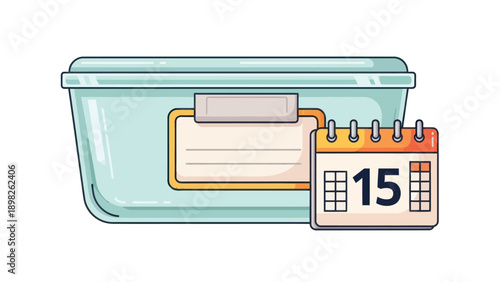 A neat light blue food storage container with a writable label space and a desk calendar showing the number fifteen, perfect for illustrating meal planning, freshness tracking, and kitchen