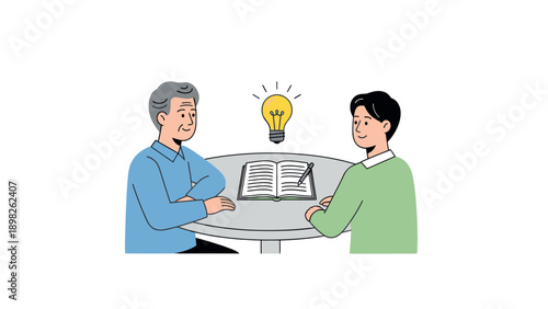 An older Asian man and a younger Asian man collaborate at a table with an open book and a shining light bulb, representing shared knowledge, mentorship, and innovative idea generation for