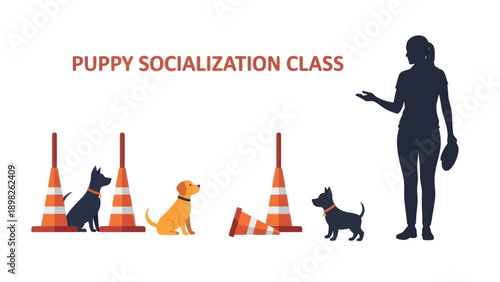 Scene illustrating a puppy socialization and training class featuring diverse young dogs, an instructor silhouette, and activity cones, useful for pet education and dog school promotions