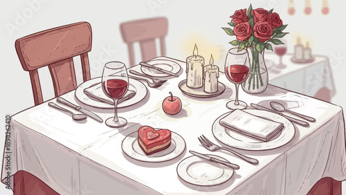A beautifully arranged romantic dinner table setting for two featuring red wine, roses, and a heartshaped cake, perfect for Valentines Day or anniversary celebrations.
