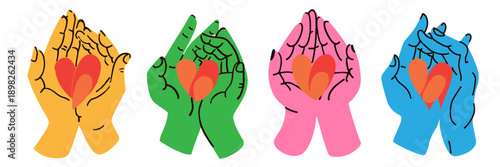 Colorful hand drawn doodle of hands holding a red love heart for valentine and friendship concepts