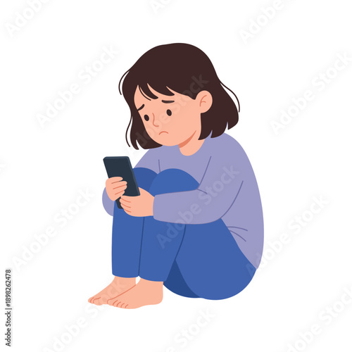 Sad Girl Sitting Alone Holding Smartphone.