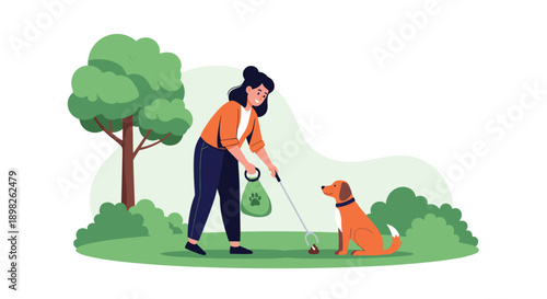 Responsible pet owner cleaning up dog waste in a public park using a pooper scooper and a special bag for pet sanitation.