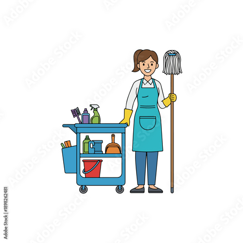 Professional cleaner with cart and mop ready for work.