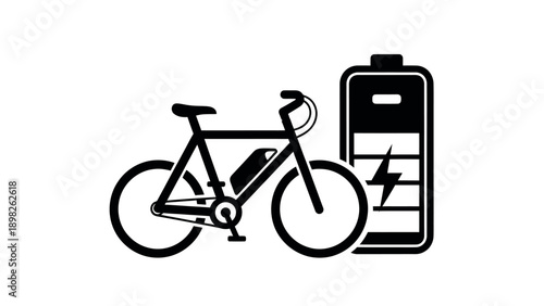 Electric bicycle charging symbol next to a powerful battery icon representing sustainable urban mobility and eco friendly transportation solution