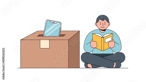 Serene person reading a book while consciously placing their smartphone into a cardboard box for a digital detox, perfect for promoting mental wellness and balanced lifestyle concepts.