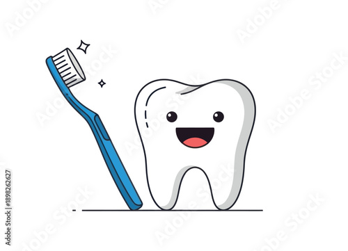 Cheerful tooth character and blue toothbrush symbolize good dental hygiene and oral care, perfect for health promotions and childrens dentistry educational materials