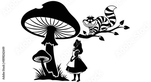 Girl looking at cat on mushroom illustration.