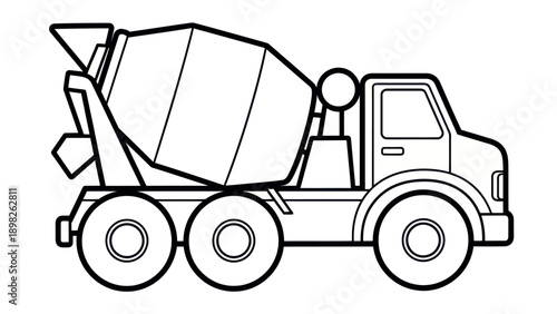 Simple black outline drawing of a cement mixer truck, perfect for childrens coloring books, educational materials, construction themed projects, or graphic design applications.