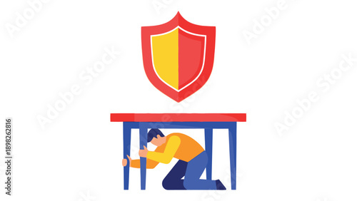 Man taking immediate cover under a sturdy table with a shield overhead, symbolizing essential protection and safety during emergencies for public education and safety manuals.