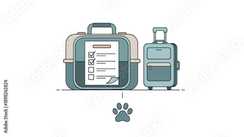 Pet travel essentials including a pet carrier with a checklist for organization, a rolling suitcase, and a paw print symbolizing a journey, perfect for pet care and travel service