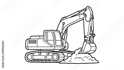 Outline drawing of a heavy construction excavator digging earth, perfect for childrens books, educational materials, and industrial themed projects requiring clear vector graphics.