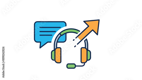 Headset with speech bubble and upward arrow symbolizing enhanced communication, excellent customer service, and business growth for online support and helpdesk solutions.