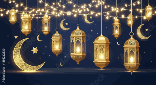 Golden Lanterns and Crescent Moon Hanging Decorations.