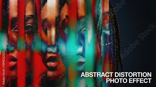 Abstract distortion photo effect with overlapping female portraits,multi-color artistic glitch-style overlay,perfect for album covers,editorials or experimental visuals