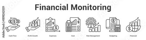 Financial Monitoring web banner icon set vector illustration concept for business with icon of Cash Flow, Profit Growth, Expenses, Cost, Risk Manageme.