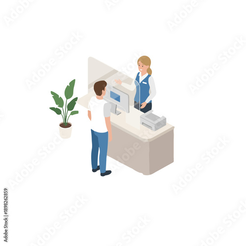 Man talking to female receptionist.