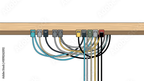 Rows of colorful network cables plugged into a wooden beam demonstrating wired internet connectivity and data transmission for IT infrastructure setup
