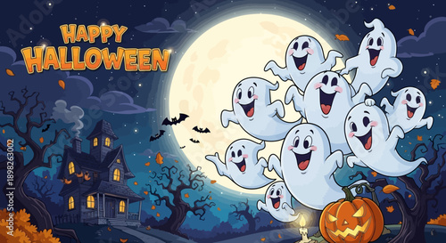 Group of Happy Ghosts Floating Near Pumpkin.
