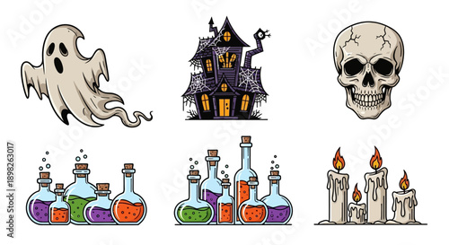 Halloween Icons Featuring Ghost Skull and Potions.