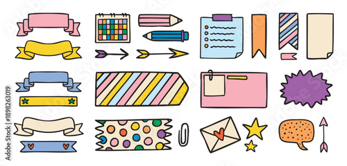 Planner stickers for notes, labels, pencils and stars, colorful, hand drawn