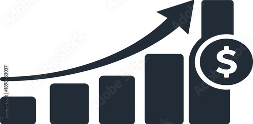 Business growth chart with upward arrow and dollar coin symbol indicating financial success and investment progress against transparent background