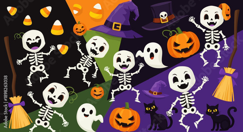 Halloween Skeletons Dancing with Pumpkins and Cats.