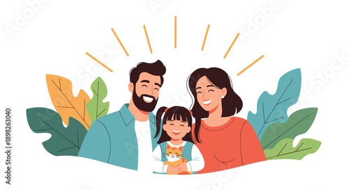 Portrait of a happy smiling family with a mother father and daughter holding a cute cat surrounded by decorative leaves illustration.