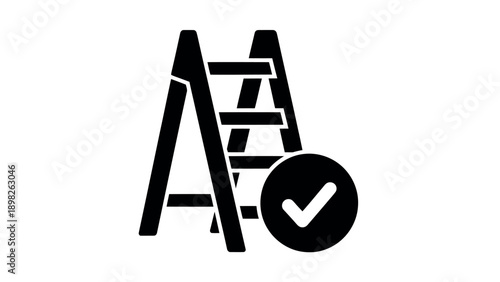 Black silhouette icon of Aframe stepladder with checkmark symbol in circle, representing work completion, safety approval, or project success for construction and home improvement visual