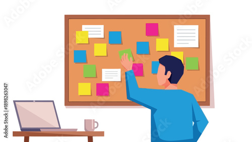 A person actively organizing tasks and ideas on a cork board with colorful sticky notes, ideal for business productivity presentations and organizational planning materials.