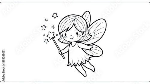 Adorable flying fairy character with a star magic wand and surrounding stars, ideal for enchanting storybook designs, nursery decorations, and imaginative kids activities.