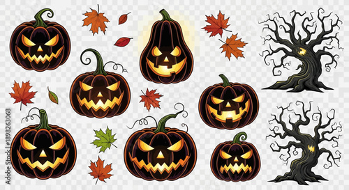 Halloween Pumpkins with Spooky Faces and Leaves.