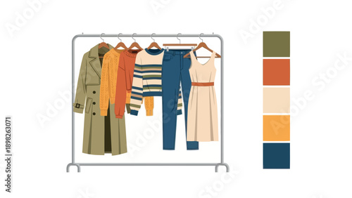 Autumnal wardrobe collection displaying cozy sweaters, a classic trench coat, jeans, and a dress on a metal rack, ideal for seasonal apparel guides and lifestyle blogs.