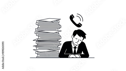 Tired businessman overwhelmed by a towering stack of work papers and a ringing telephone symbolizes workplace stress and burnout, ideal for corporate wellness and productivity management