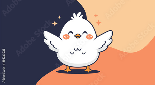 A very cute and chubby white baby chicken character smiling happily with its wings open on a two-tone color background.