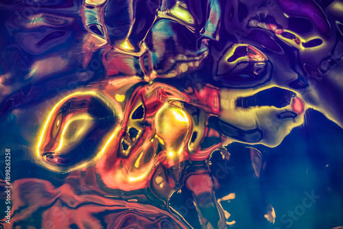 Φωτογραφία A dynamic, fluid abstract surface featuring distorted golden, purple, and red reflections, resembling molten glass or liquid metal