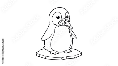 Adorable baby penguin standing on a small iceberg holding a freshly caught fish in its beak, perfect for childrens books, educational materials, or playful winterthemed designs.
