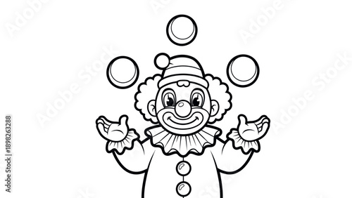 A cheerful clown performer entertaining with skillful juggling of three round balls, perfect for childrens activity books, event promotions, or educational materials.