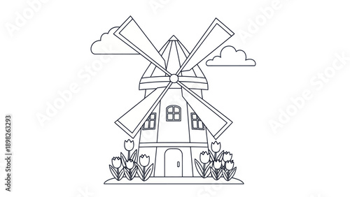 A delightful black and white outline of a classic countryside windmill with four large sails and blooming tulips, perfect for childrens coloring books or simple educational projects.