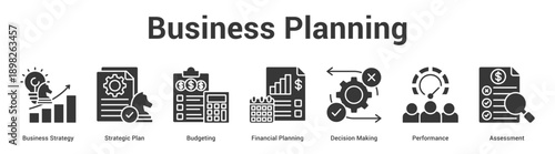 Business Planning web banner icon set vector illustration concept for business with icon of Business Strategy, Strategic Plan, Budgeting, Financial Planning, Decision Maki.