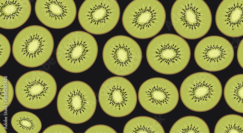 Seamless pattern of fresh green kiwi fruit slices on a solid black background for a modern and healthy food-themed design.