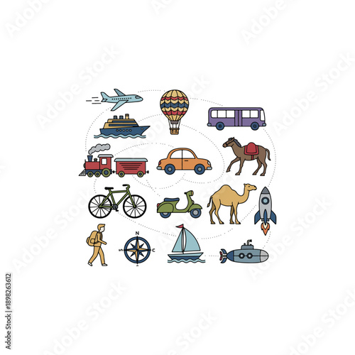 Transportation vehicles and modes icons.