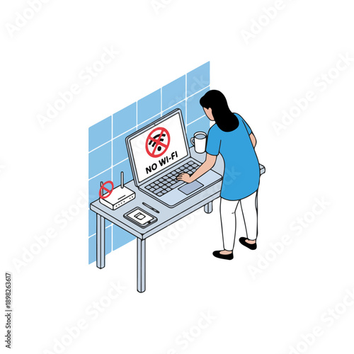 Woman uses laptop with no wifi.