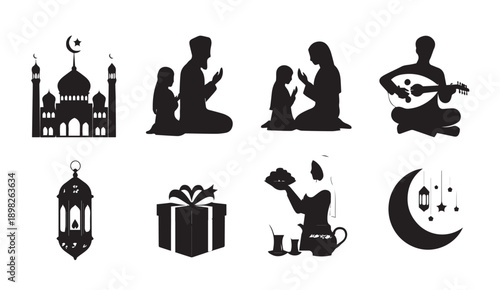 Islamic Ramadan Symbols Silhouette Collection: Mosque, Prayer, Gift, Lantern, Music, Moon
